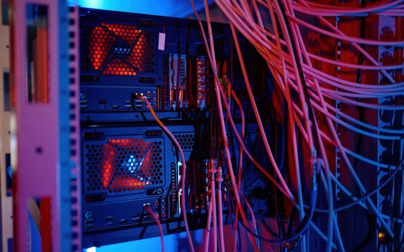 Network panel, switch and cable in data center with neon light tone. Telecommunication equipment closeup