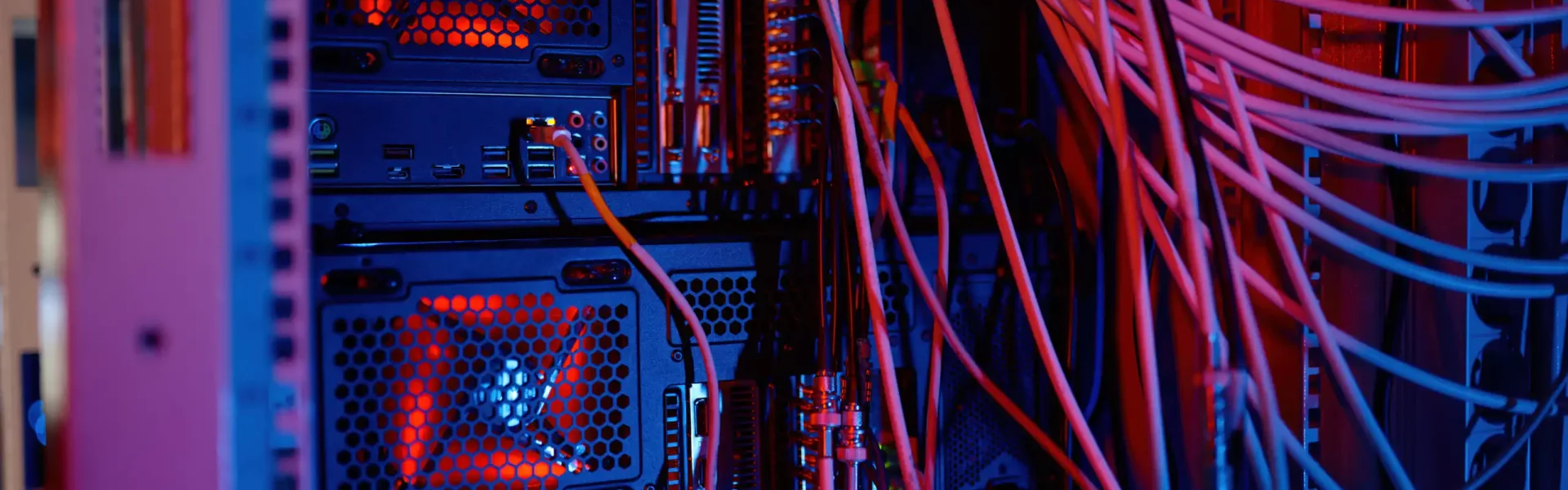 Network panel, switch and cable in data center with neon light tone. Telecommunication equipment closeup